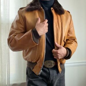 Men's Tan Leather Bomber Jacket with Fur Collar
